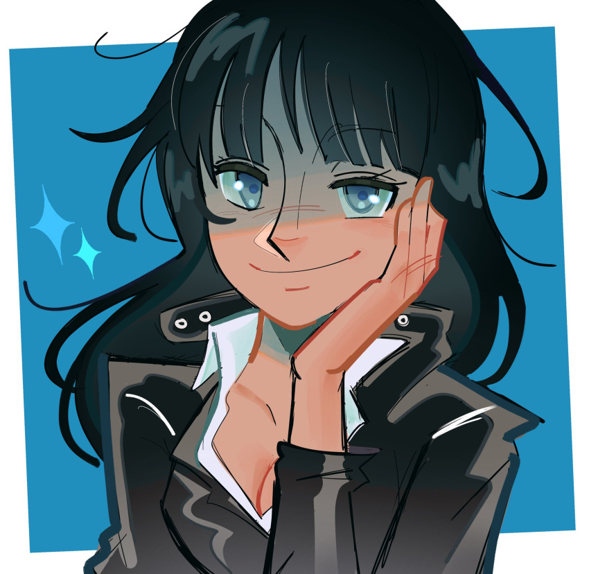 1girl, black_dress, black_hair, blue_background, blue_eyes, blunt_bangs, close-up, commentary_request, dress, hand_on_own_cheek, hand_on_own_face, highres, leather_dress, long_sleeves, looking_at_viewer, loose_hair_strand, medium_hair, nico_robin, one_piece, smile, solo, sparkle, spicynred, square, upper_body
