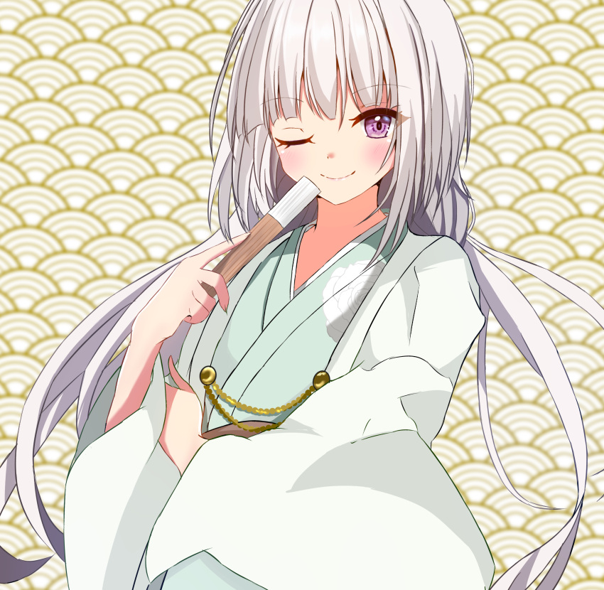 1girl, ;), absurdres, blunt_bangs, blush, closed_mouth, commentary_request, cowboy_shot