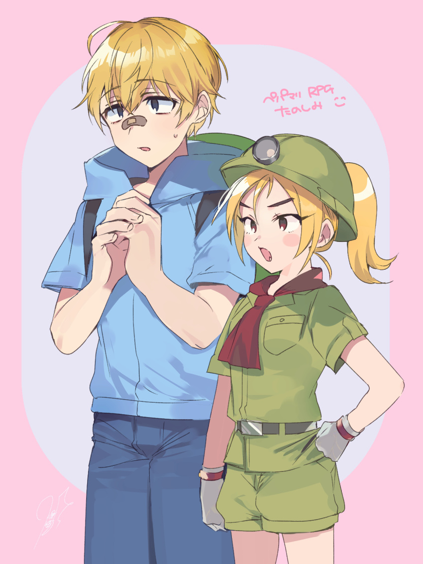 1boy, 1girl, bandaid, bandaid_on_face, bandaid_on_nose, blonde_hair, blue_pants, blue_shirt