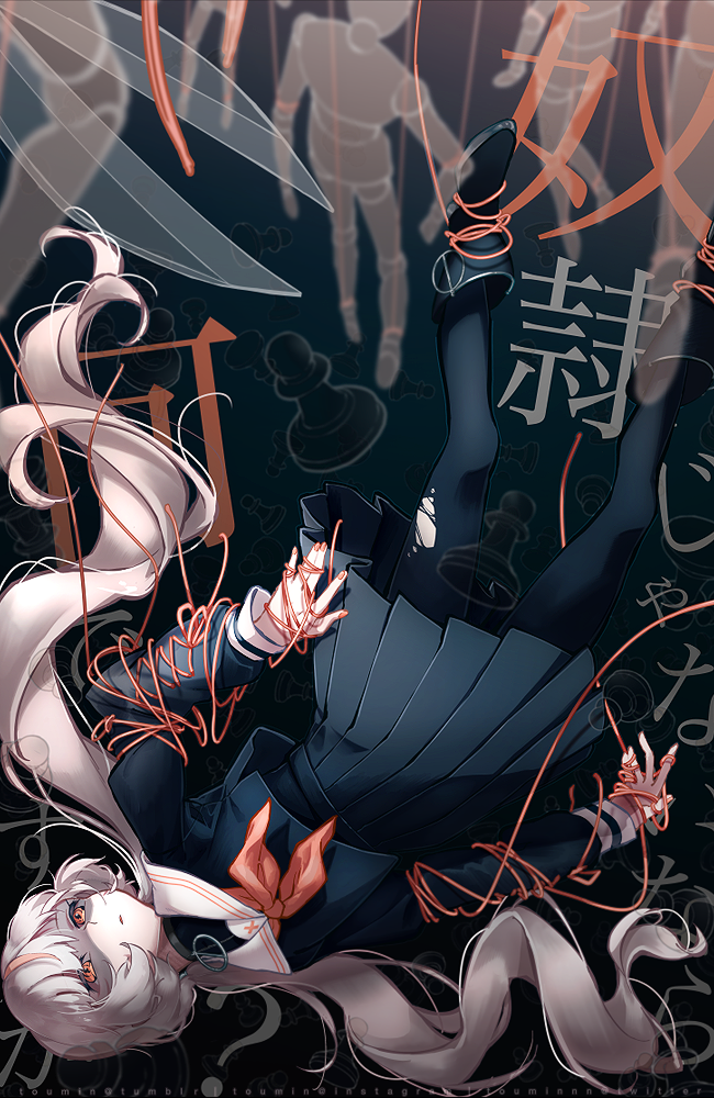 1girl, ankle_boots, artist_name, black_background, black_footwear, black_pantyhose, black_serafuku, black_skirt