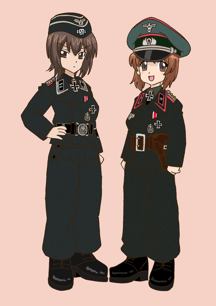 belt, black_belt, black_footwear, black_jacket, brown_belt, collar_tabs, combat_helmet, cross