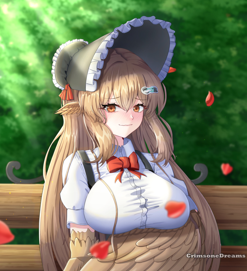 1girl, absurdres, arm_under_breasts, artist_name, bench, bird_hair_ornament, bird_wings, black_souls
