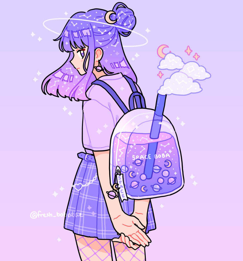 1girl, arms_behind_back, backpack, bag, bag_charm, belt, belt_chain, charm_(object)