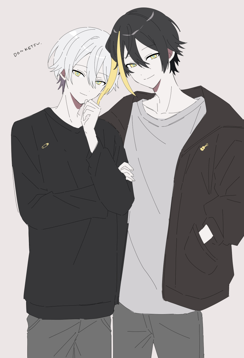2boys, absurdres, alternate_costume, black_hair, black_sweater, blonde_hair, blue_pupils, brown_jacket