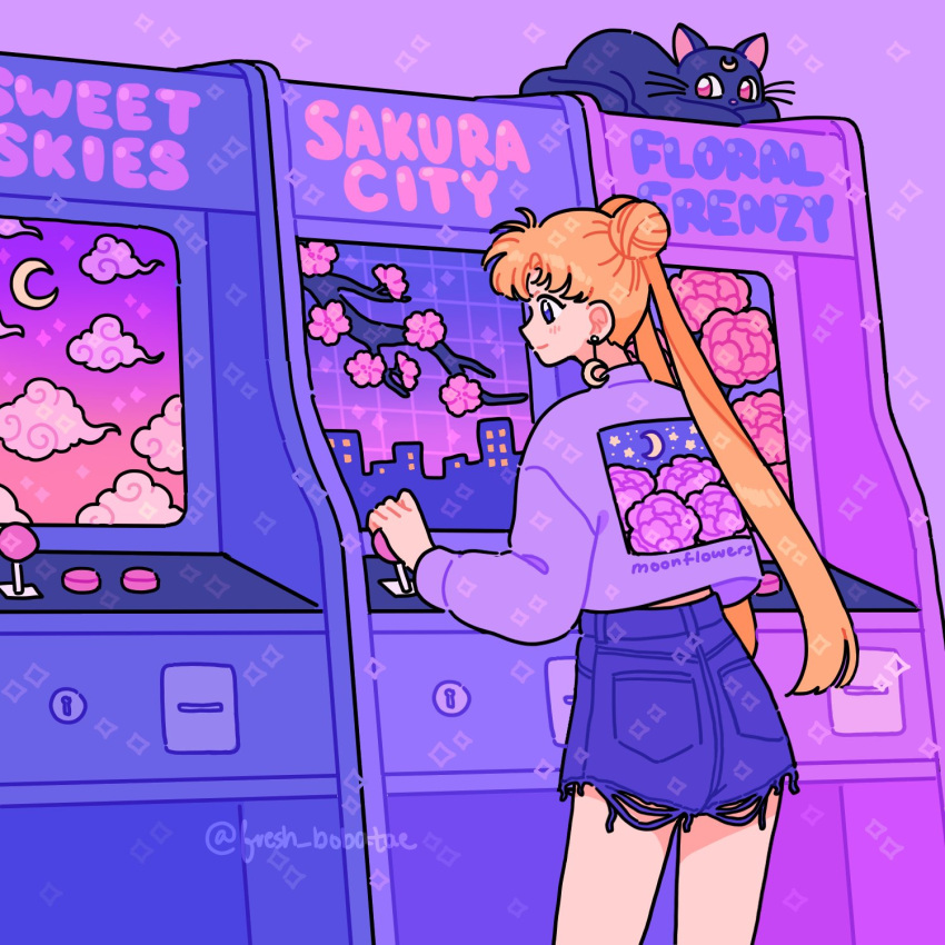 1girl, arcade, arcade_cabinet, arcade_stick, bishoujo_senshi_sailor_moon, blonde_hair, blue_cat, blue_eyes