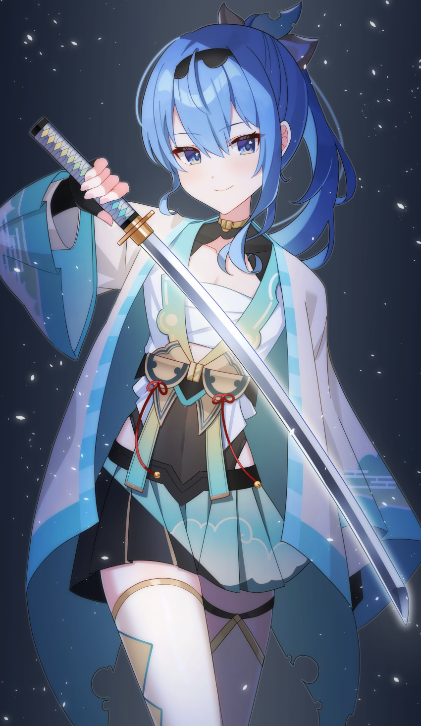 1girl, absurdres, blue_eyes, blue_hair, chest_sarashi, cosplay, fingerless_gloves, gloves