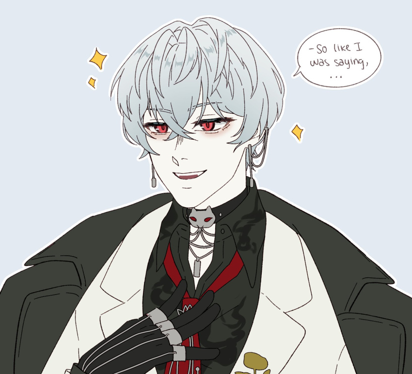 1boy, :d, black_choker, black_gloves, black_shirt, blue_background, choker, collared_shirt