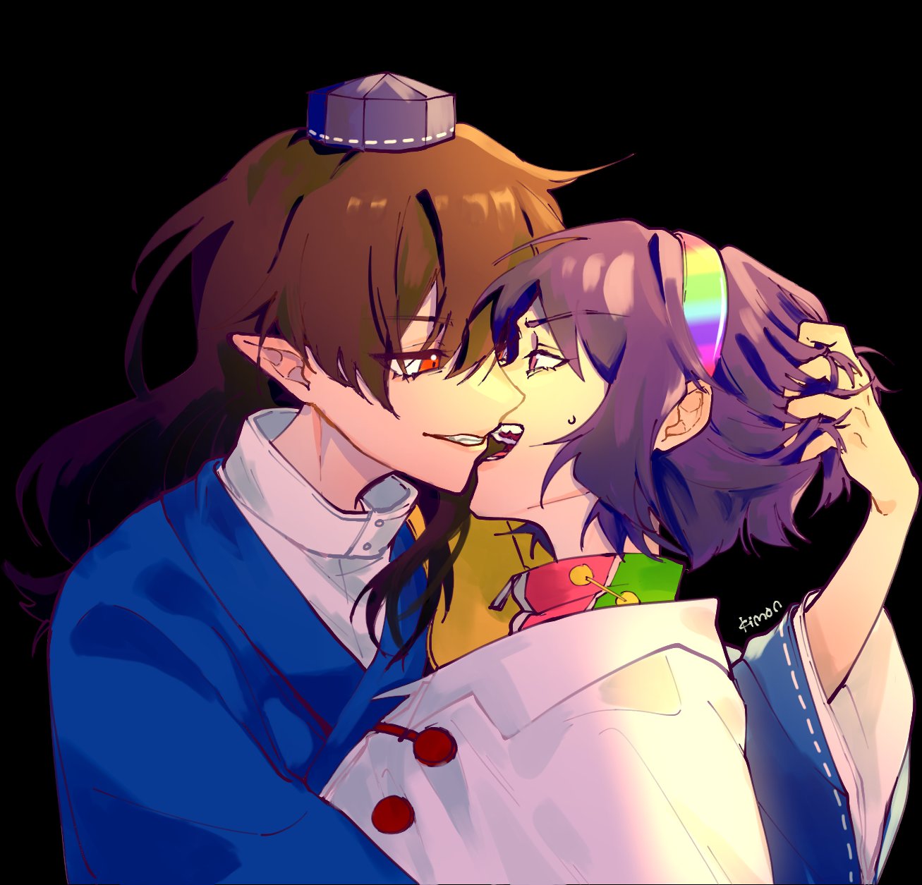 2girls, black_background, blue_hat, blue_shirt, brown_hair, cape, commentary, english_commentary