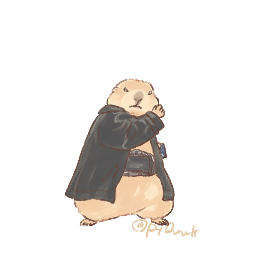 advent_deck, akiyama_ren, akiyama_ren_(cosplay), animal_focus, belt, black_coat, body_fur, brown_fur, coat, cosplay, hashtag-only_commentary, kamen_rider, kamen_rider_knight, kamen_rider_ryuki_(series), prairie_dog, py0wwk, rider_belt, simple_background, white_background