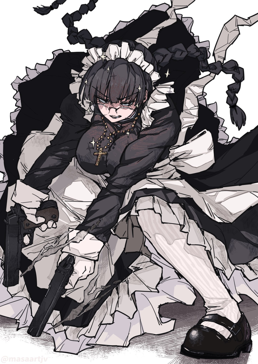 angry, apron, black_dress, black_eyes, black_footwear, black_hair, braid, breasts, cross, cross_necklace, dress, dual_wielding, full_body, glasses, gloves, gun, handgun, highres, holding, holding_gun, holding_weapon, hunter_x_hunter, jewelry, kneehighs, large_breasts, long_hair, long_sleeves, maid_headdress, mary_janes, masaartjv, necklace, oversized_eyewear, round_eyewear, shizuku_murasaki, shoes, simple_background, socks, sparkle, squatting, twin_braids, waist_apron, weapon, white_apron, white_background, white_gloves, white_socks
