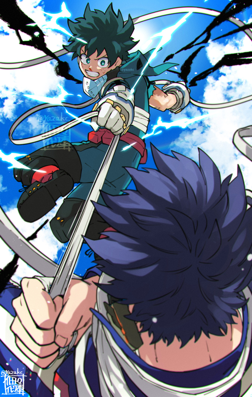 2boys, absurdres, bandages, black_whip_(boku_no_hero_academia), blue_sky, bodysuit, boku_no_hero_academia, boots