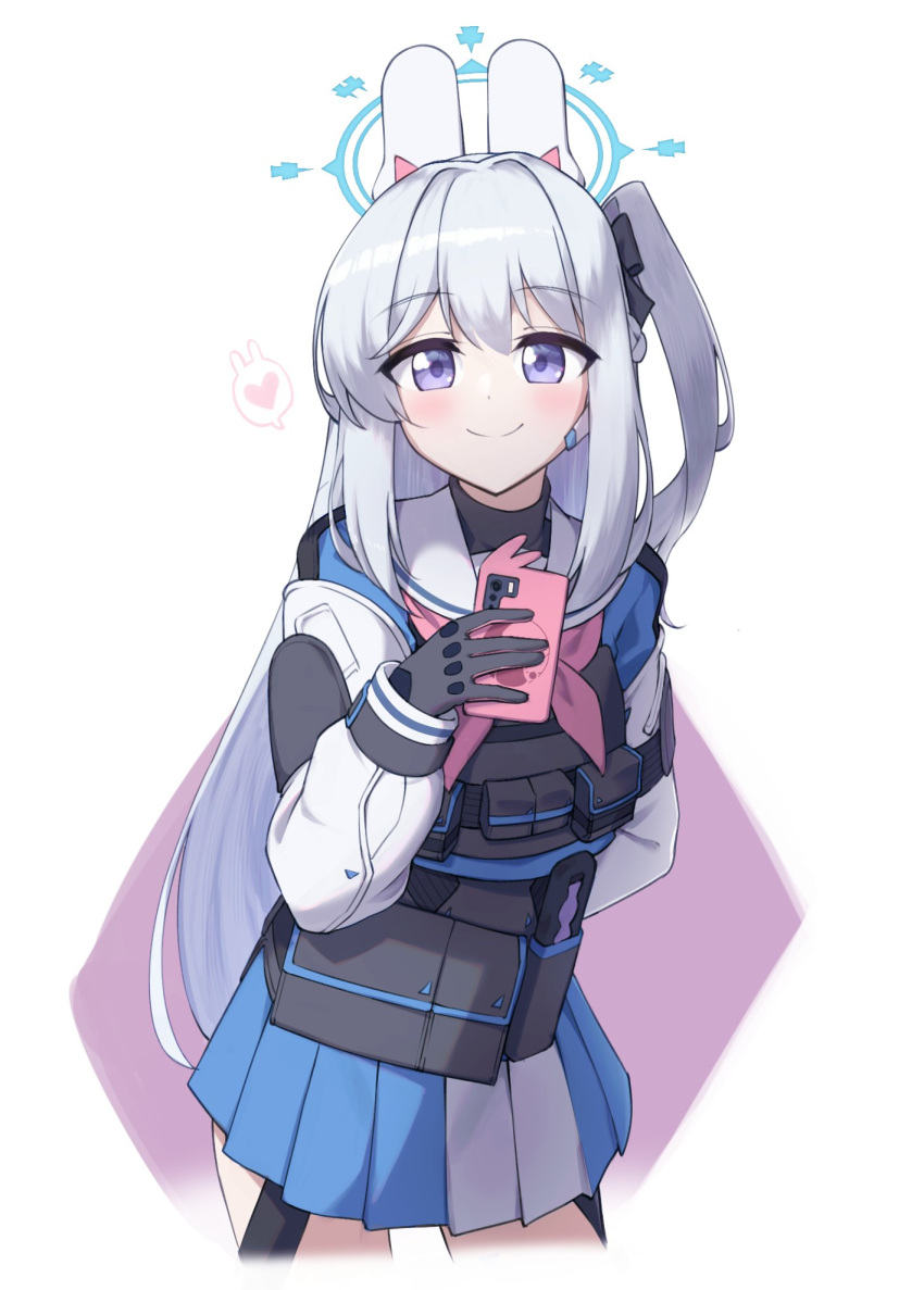 1girl, animal_ears, black_gloves, blue_archive, blue_serafuku, blue_skirt, blush, cellphone