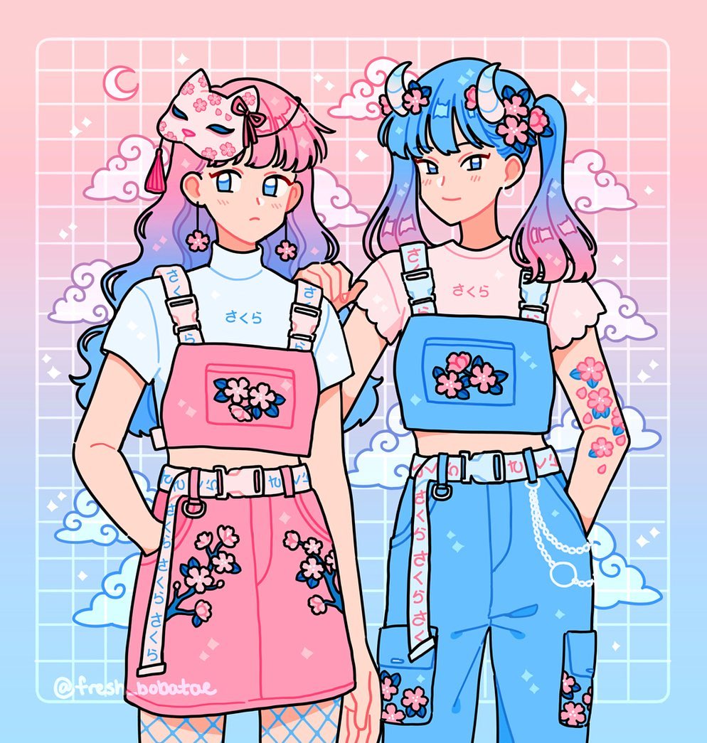 2girls, arm_tattoo, belt, belt_chain, blue_background, blue_belt, blue_clouds, blue_eyes, blue_hair, blue_pants, blue_pantyhose, blue_shirt, cargo_pants, cherry_blossom_print, cherry_blossoms, crescent_moon, demon_horns, earrings, emily_kim, fishnets, floral_print, flower_earrings, flower_tattoo, fox_mask, gradient_background, gradient_hair, grid_background, hand_in_pocket, hand_on_another's_shoulder, horns, jewelry, limited_palette, long_hair, mask, moon, multicolored_hair, multiple_girls, original, pants, pantyhose, pastel_colors, pink_background, pink_belt, pink_clouds, pink_hair, pink_shirt, pink_skirt, print_pants, print_shirt, print_skirt, shirt, skirt, sparkle, tattoo, twintails, wavy_hair, whorled_clouds