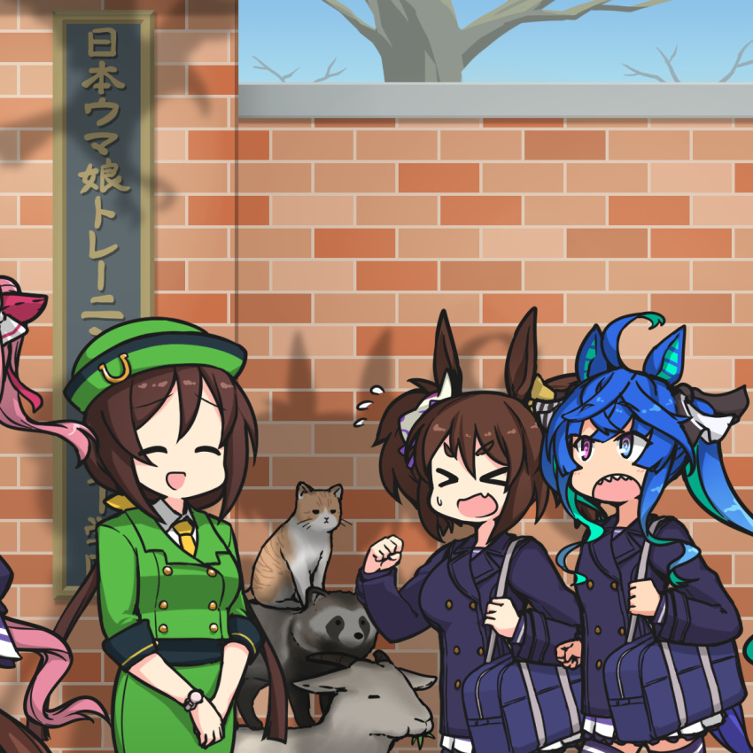 >_<, 4girls, agnes_digital_(umamusume), ahoge, animal_ears, arm_up, blue_eyes, blue_hair