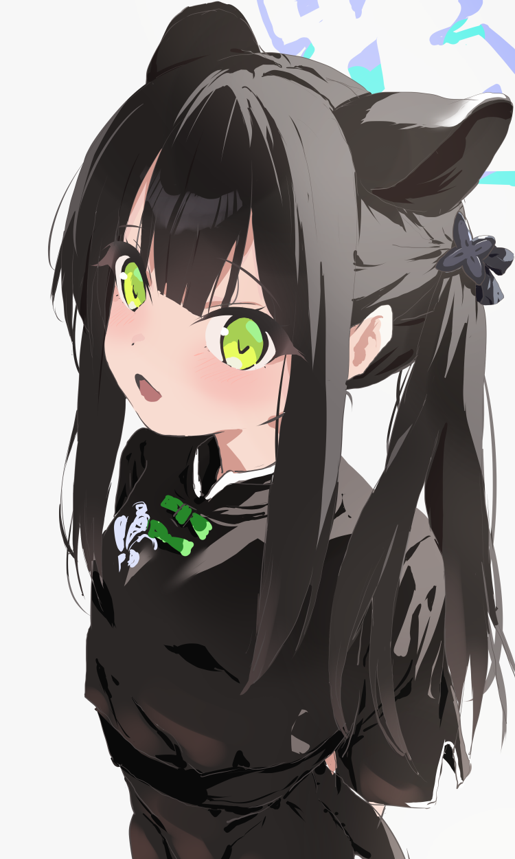 1girl, animal_ears, black_dress, black_hair, blue_archive, blue_halo, blush, dress