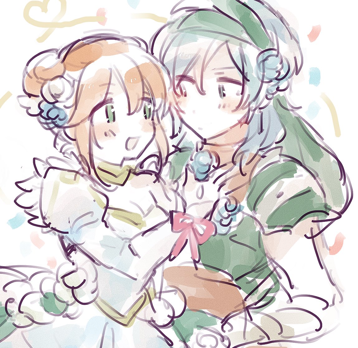 2girls, :d, bandana, blue_eyes, blue_hair, bride, double_bun, dress