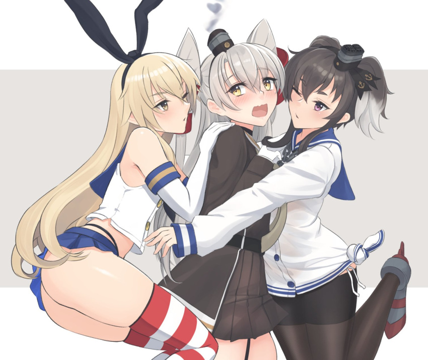 2girls, 3girls, amatsukaze_(kancolle), amatsukaze_kai_ni_(kancolle), black_dress, black_hair, black_hairband, black_neckerchief, black_panties, black_pantyhose, blonde_hair, blue_sailor_collar, blue_skirt, brown_eyes, crop_top, dress, elbow_gloves, garter_straps, girl_sandwich, gloves, gradient_hair, grey_eyes, grey_hair, hair_tubes, hairband, highleg, highleg_panties, highres, hug, kantai_collection, long_hair, microskirt, miniskirt, multicolored_hair, multiple_girls, neckerchief, odachu, one_eye_closed, open_mouth, panties, pantyhose, pleated_skirt, sailor_collar, sailor_dress, sandwiched, shimakaze_(kancolle), shirt, short_hair, short_hair_with_long_locks, skirt, sleeveless, sleeveless_shirt, smoke, smokestack_hair_ornament, striped_clothes, striped_thighhighs, thick_eyebrows, thigh-highs, thighband_pantyhose, tokitsukaze_(kancolle), two_side_up, underwear, wavy_mouth, white_dress, white_gloves