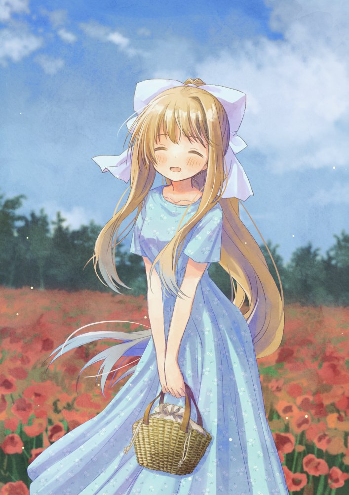 1girl, air_(visual_novel), basket, blonde_hair, blue_sky, closed_eyes, clouds, day