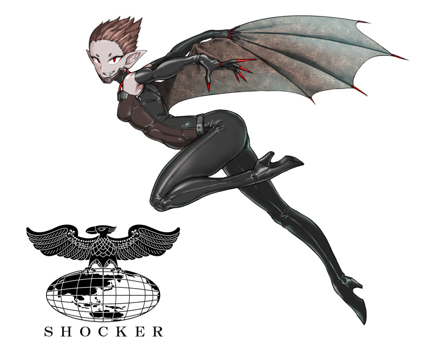 1girl, bat_girl, bat_wings, belt, black_bodysuit, black_gloves, bodysuit, brown_hair