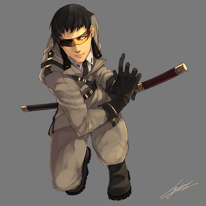 black_hair, blue_eyes, boots, gloves, goggles, hiryuu, katana, male, military, military_uniform, necktie, original, signature, smile, solo, sword, uniform, weapon