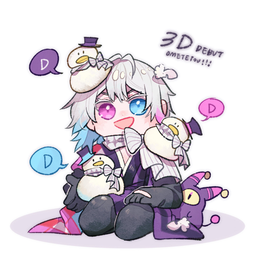 1boy, argyle_clothes, argyle_coat, bird, black_gloves, blue_eyes, blue_hair, chibi