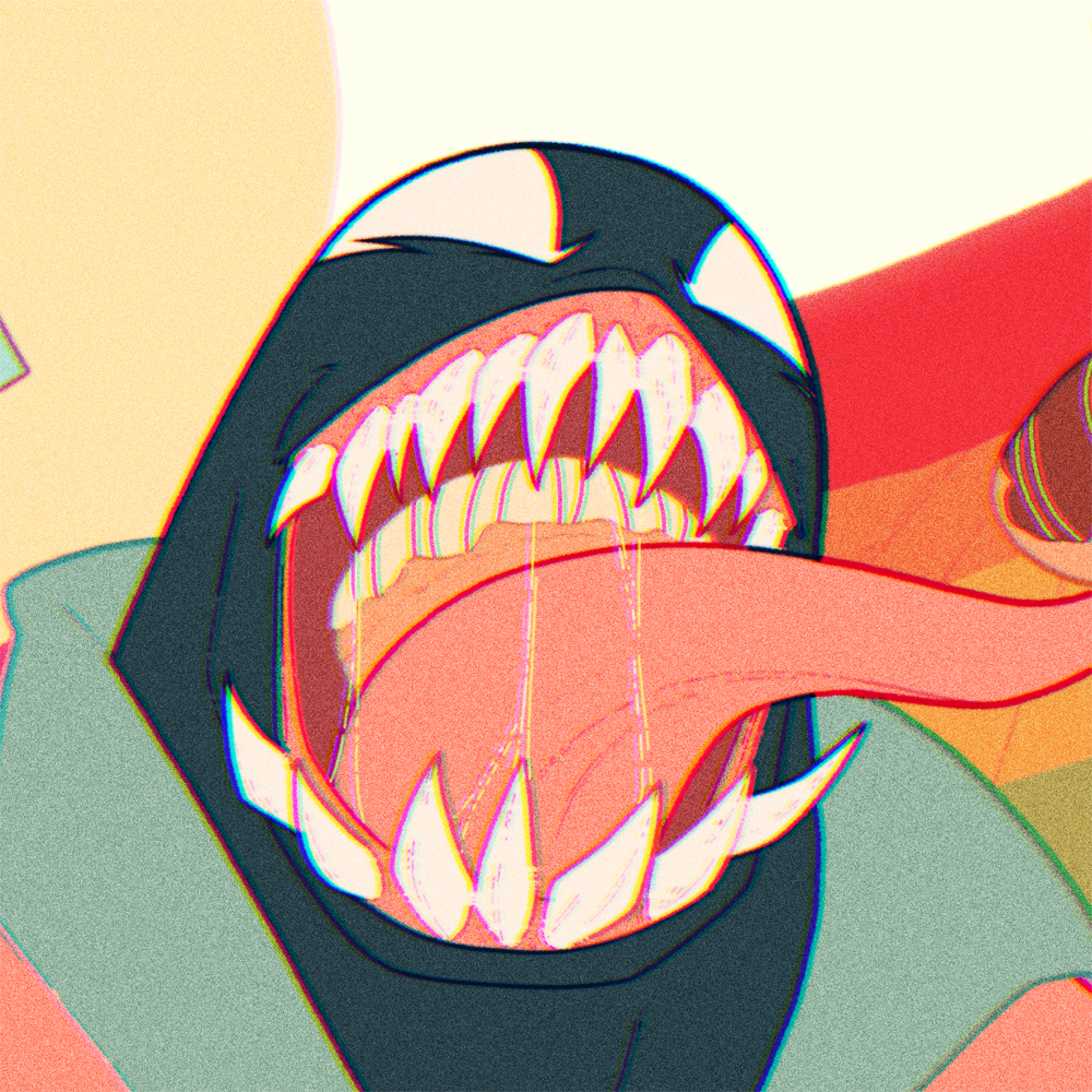1boy, close-up, commentary, doughnut, eating, english_commentary, food, hand_focus, jaws_stone, long_tongue, male_focus, marvel, monster_boy, rainbow_flag, sharp_teeth, solo, spider-man_(series), teeth, tongue, venom_(marvel)