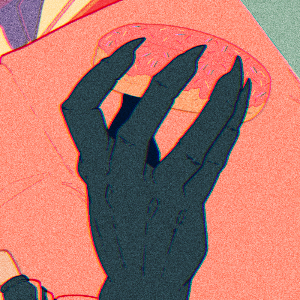 1boy, close-up, commentary, english_commentary, food, hand_focus, holding, holding_doughnut