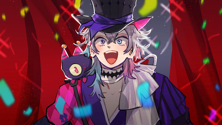 1boy, bishounen, blue_eyes, blue_hair, coat, collarbone, confetti, creature