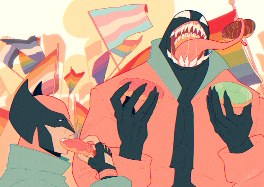 2boys, asexual_flag, bisexual_flag, black_gloves, commentary, doughnut, eating, english_commentary