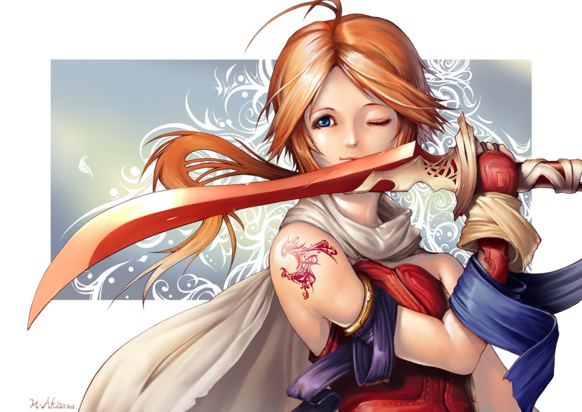 akisawa_machi, antenna_hair, armlet, blue_eyes, cape, gloves, orange_hair, original, ponytail, signature, solo, sword, tattoo, weapon, wink