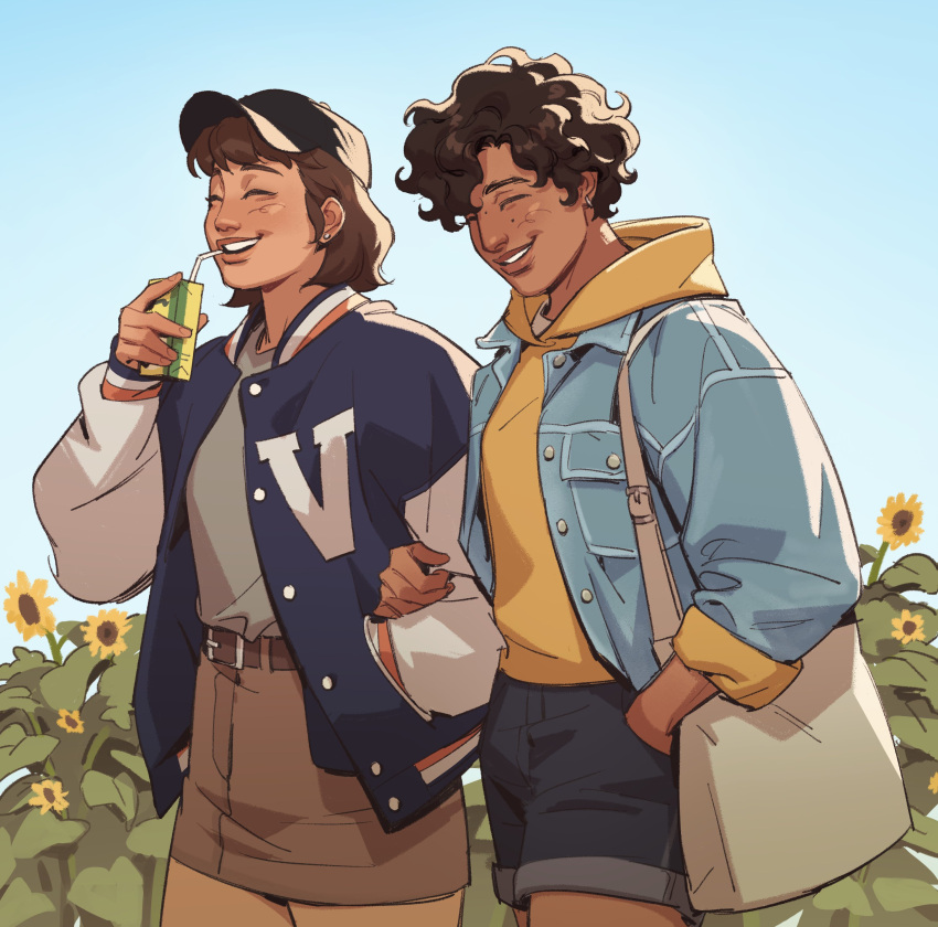 2girls, absurdres, asha_(rennerei), bag, baseball_cap, black_hair, black_hat, blue_jacket, blue_shirt, blue_sky, blush, brown_background, brown_hair, brown_lips, closed_eyes, curly_hair, dark-skinned_female, dark_skin, day, drink, earrings, field, flower, flower_field, grey_shirt, hand_in_pocket, happy, hat, highres, holding, holding_drink, holding_juice_box, hood, hoodie, jacket, jacket_over_hoodie, jan_(lady_santos), jewelry, juice_box, lady_santos, letterman_jacket, locked_arms, medium_hair, miniskirt, mole, mole_on_nose, mole_under_eye, multiple_girls, open_clothes, open_jacket, original, outdoors, shirt, shirt_tucked_in, shoulder_bag, skirt, sky, smile, stud_earrings, sunflower, sunflower_field, teeth, white_background, yellow_hoodie, yuri