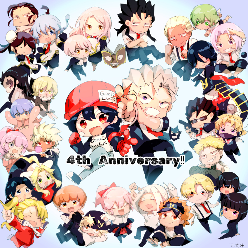 andy_(undead_unluck), anniversary, beanie, billy_alfred, black_footwear, black_hair, blonde_hair, blowing_bubbles