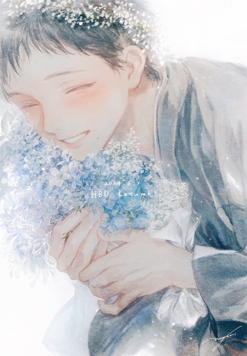 1boy, black_shirt, blue_flower, blush, bouquet, brown_hair, character_request, closed_eyes