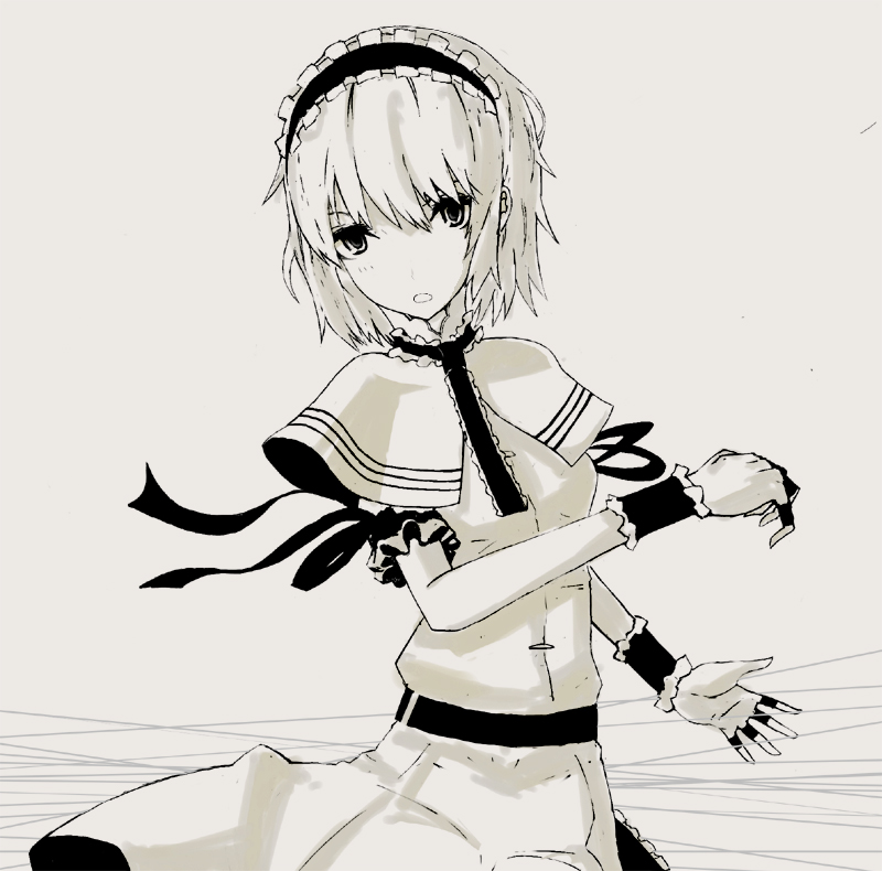 capelet, fingerless_gloves, gloves, hairband, jewelry, monochrome, ring, solo