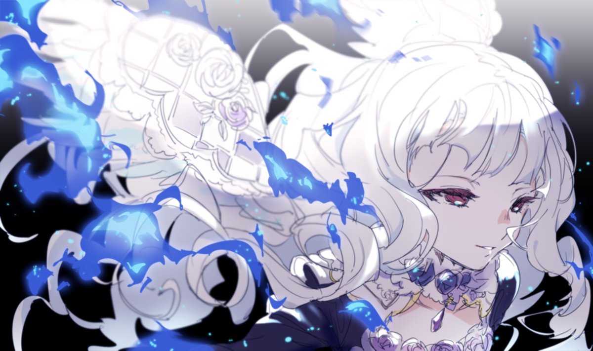 1girl, aikatsu!_(series), aikatsu_stars!, bad_id, bad_twitter_id, black_background, blue_fire, blunt_bangs