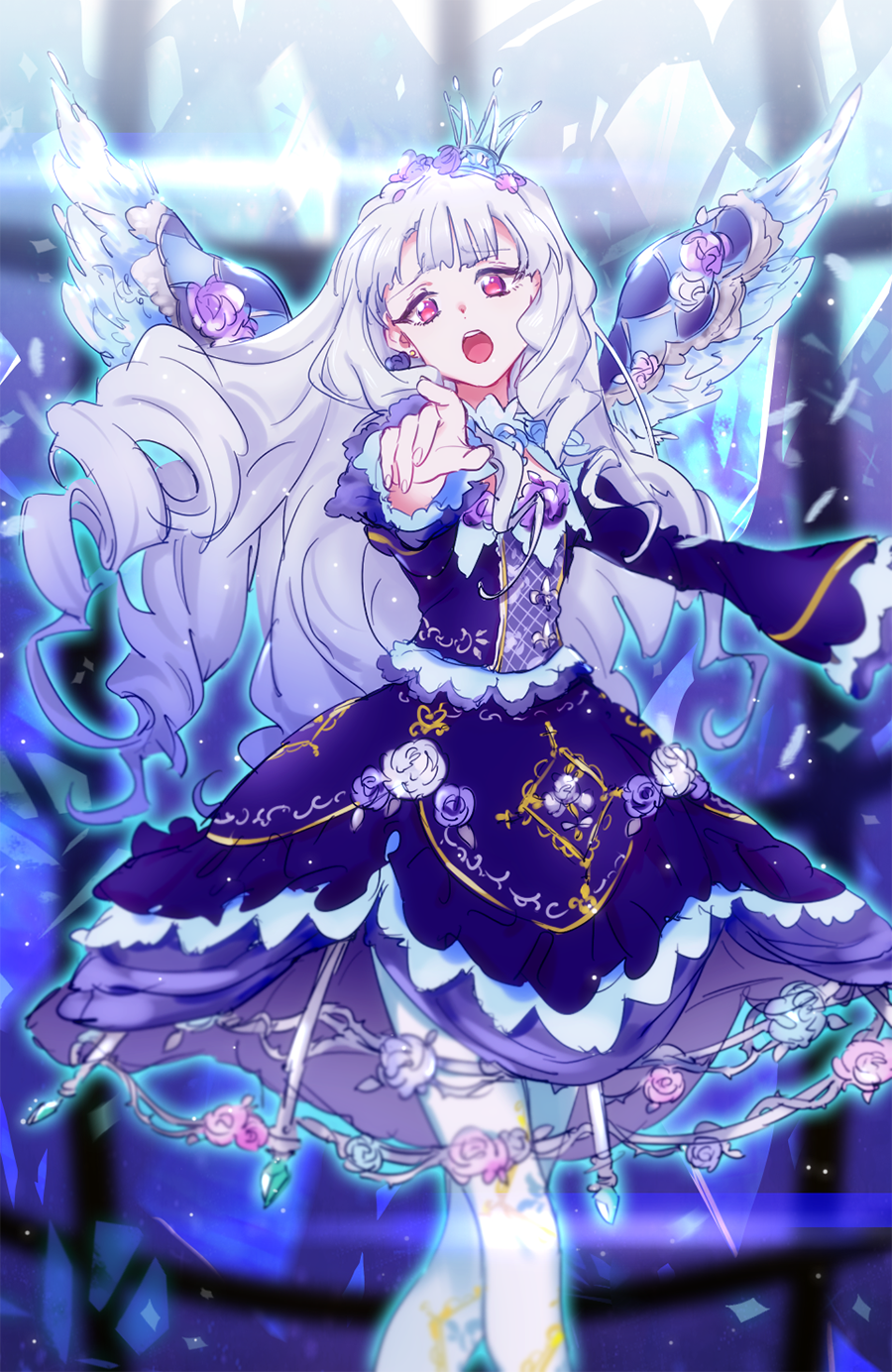 1girl, aikatsu!_(series), aikatsu_stars!, bad_id, bad_twitter_id, blue_background, blue_dress, blue_hair, blunt_bangs, crown, dress, drill_hair, feet_out_of_frame, floral_print, frilled_dress, frills, glass_shards, hand_up, highres, idol, idol_clothes, long_hair, looking_at_viewer, mini_crown, music, open_mouth, pantyhose, pink_eyes, pointing, pointing_at_viewer, shiontaso, shirogane_lily, singing, solo, standing, very_long_hair, white_pantyhose, wide_sleeves