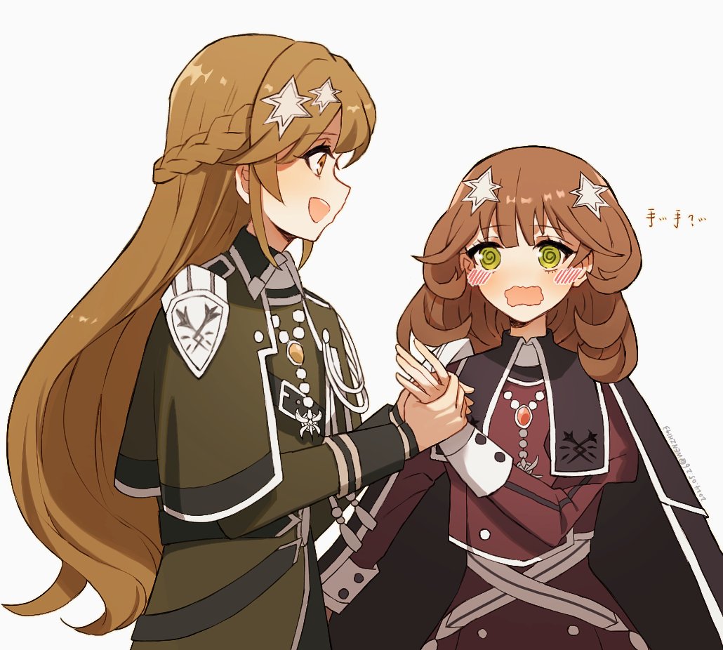 2girls, blush, braid, brown_eyes, brown_hair, cape, duel_monster, embarrassed