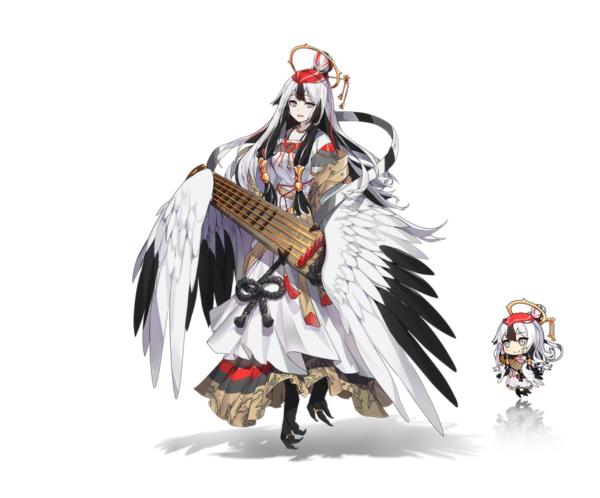 1girl, artist_request, bird_legs, black_hair, black_wings, check_artist, chibi, clover_theater