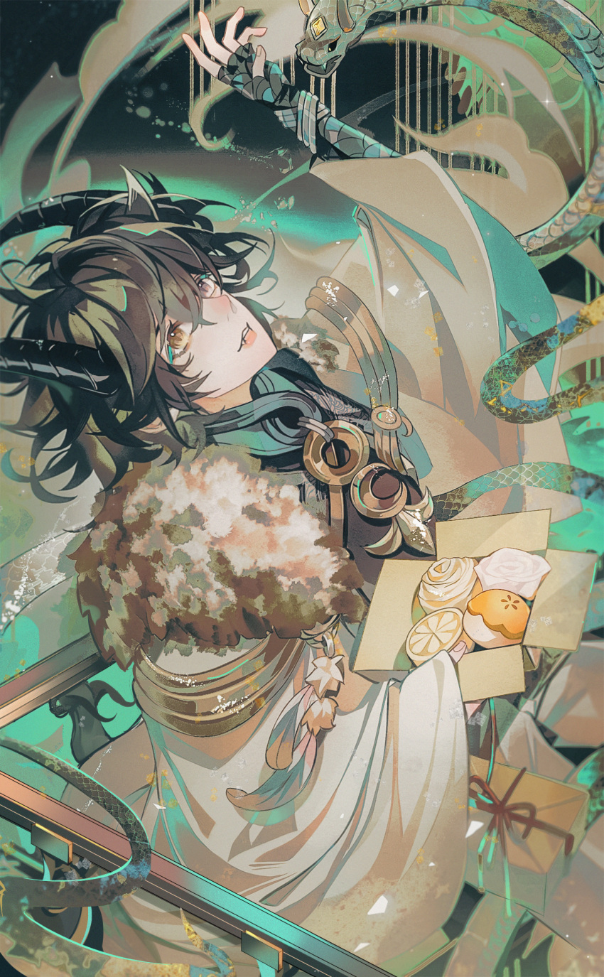 1boy, bishounen, black_background, black_gloves, black_horns, blue_eyeshadow, box, brown_hair, character_request, chinese_clothes, chinese_commentary, commentary_request, crescent, dessert, dragon, dragon_horns, eastern_dragon, eyeshadow, fingerless_gloves, fingernails, food, gloves, green_hair, hanfu, highres, hoki11, holding, holding_box, horns, jewelry, layered_sleeves, makeup, male_focus, multicolored_hair, necklace, open_mouth, outstretched_hand, petals, railing, scales, short_hair, smile, solo, streaked_hair, teeth, upper_body, upper_teeth_only, white_hanfu, wuhua_mixin, yellow_eyes