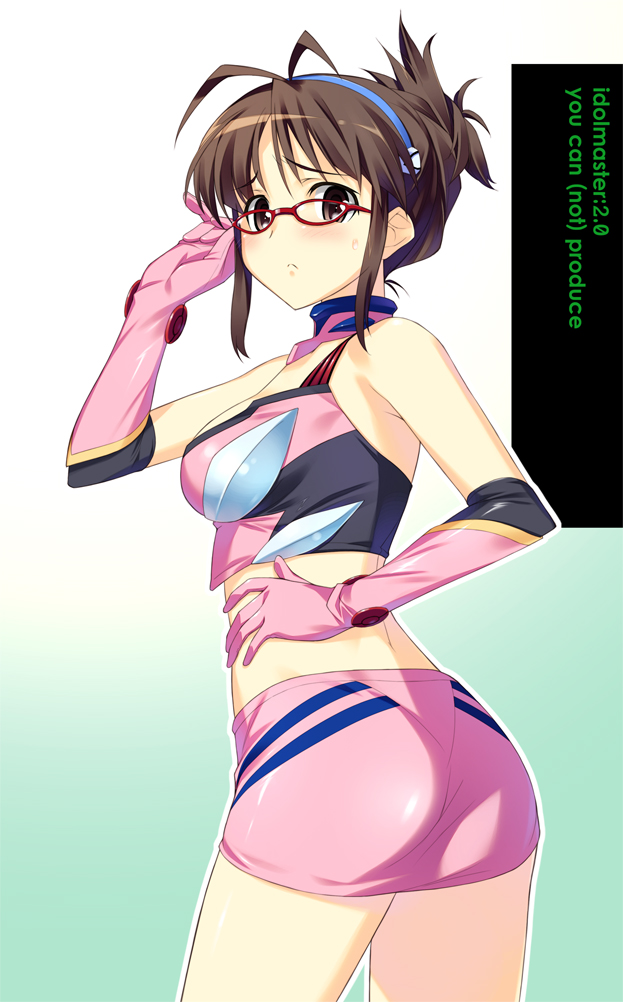 alternate_hairstyle, antenna_hair, blush, brown_eyes, brown_hair, cosplay, elbow_gloves, evangelion:_2.0_you_can_(not)_advance