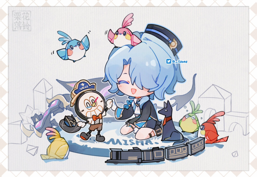 1boy, :d, aixixixixi, astral_express_(honkai:_star_rail), asymmetrical_sleeves, between_legs, black_coat, black_footwear