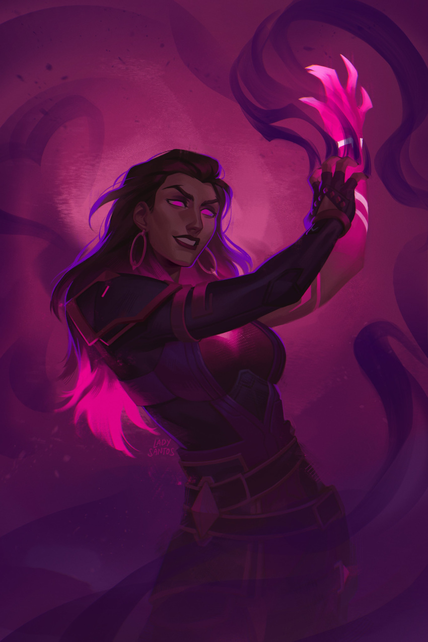 1girl, absurdres, artist_name, belt, body_armor, claws, clenched_teeth, cowboy_shot, dark-skinned_female, dark_skin, earrings, english_commentary, glowing, glowing_eyes, glowing_hand, hair_slicked_back, hands_up, highres, hoop_earrings, jewelry, lady_santos, magic, multiple_belts, open_mouth, purple_hair, purple_lips, purple_theme, reyna_(valorant), smoke, solo, straight_hair, teeth, valorant, violet_eyes