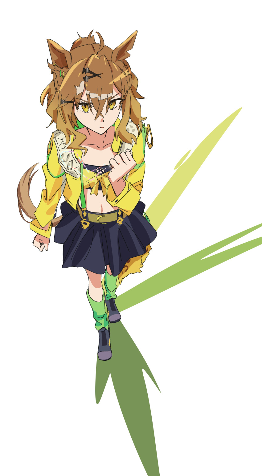 1girl, 200-ko_no_chikara, absurdres, ahoge, animal_ears, black_footwear, black_skirt, bow, brown_hair, clenched_hand, facing_ahead, from_above, full_body, green_socks, hair_between_eyes, hair_ornament, hairclip, highres, horse_ears, horse_girl, horse_tail, jacket, jungle_pocket_(umamusume), long_sleeves, loose_socks, notched_ear, open_clothes, open_jacket, shadow, skirt, socks, solo, suspenders, tail, umamusume, wavy_hair, yellow_bow, yellow_eyes, yellow_jacket