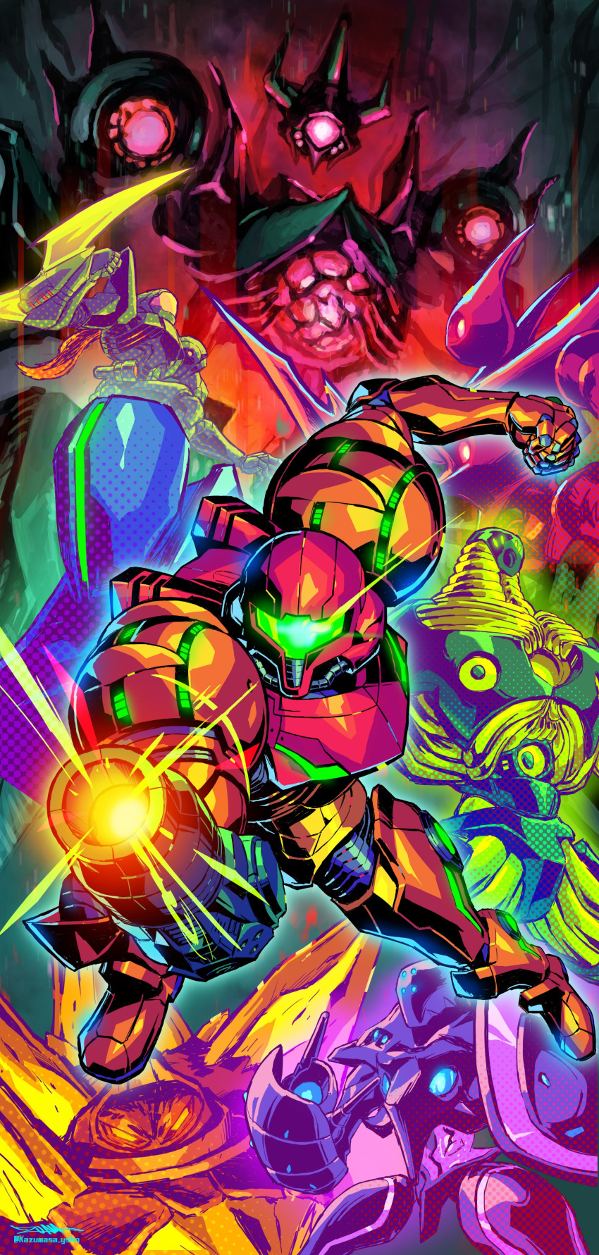 absurdres, arm_cannon, armor, assault_visor, glowing, green_visor, helmet, highres