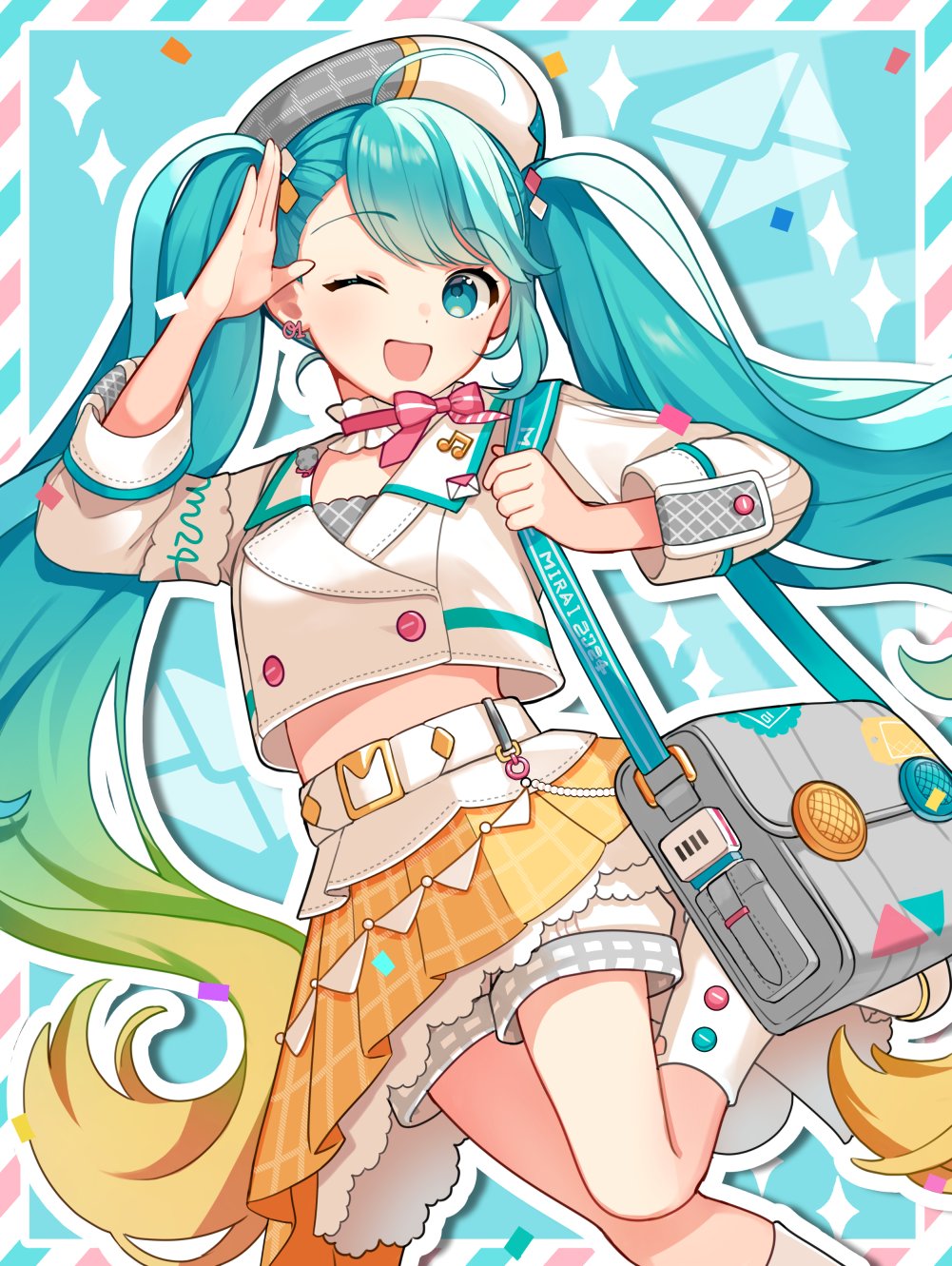 1girl, ;d, aqua_background, aqua_hair, asymmetrical_clothes, asymmetrical_skirt, bag, belt, binchou_maguro, blonde_hair, border, buttons, choker, colored_tips, confetti, copyright_name, cropped_jacket, diagonal-striped_border, diagonal-striped_ribbon, diamond_hair_ornament, dot_nose, double-breasted, earrings, eyelashes, foot_out_of_frame, foot_up, frilled_choker, frills, gradient_hair, green_eyes, green_hair, grey_bag, grey_hat, grey_shorts, hand_up, hat, hatsune_miku, highres, holding_strap, jacket, jewelry, knees_together_feet_apart, lapel_pin, long_hair, looking_at_viewer, magical_mirai_(vocaloid), magical_mirai_miku, magical_mirai_miku_(2024), midriff_peek, multicolored_hair, multicolored_hat, neck_ribbon, number_earrings, one_eye_closed, open_mouth, orange_skirt, outline, pink_choker, pink_ribbon, plaid, plaid_headwear, plaid_shorts, plaid_skirt, platform_footwear, pleated_skirt, ribbon, salute, school_bag, shorts, shorts_under_skirt, simple_background, single_horizontal_stripe, single_sidelock, skirt, smile, solo, sparkle, sparkle_background, string_of_flags, striped_border, striped_ribbon, swept_bangs, tareme, twintails, two-tone_shorts, very_long_hair, vocaloid, waist_cape, wavy_hair, white_belt, white_footwear, white_hat, white_jacket, white_outline, white_shorts, wing_collar