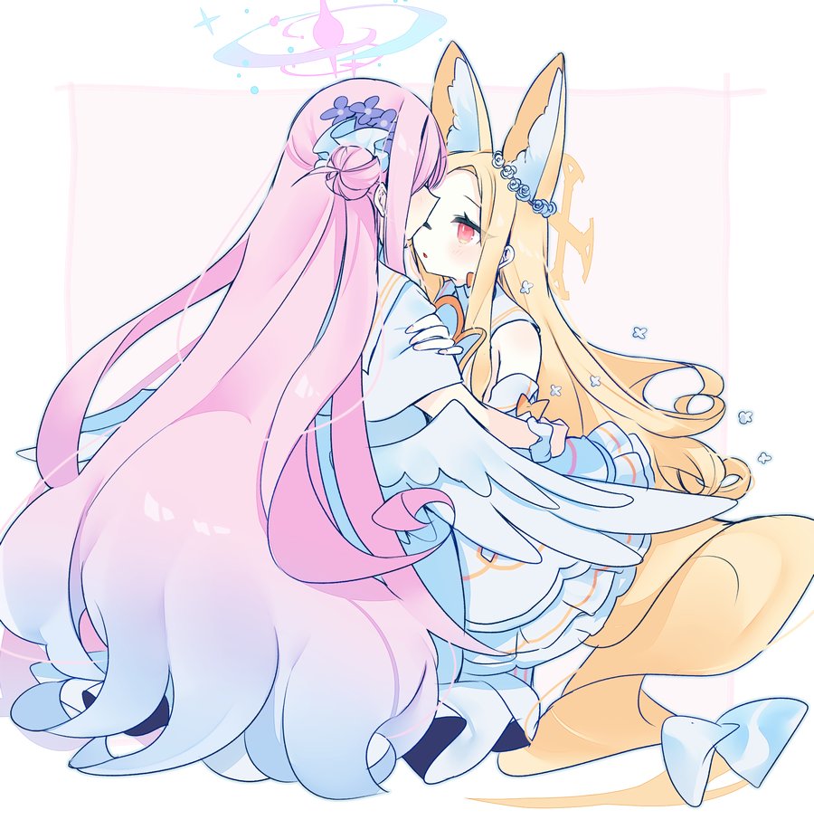 2girls, angel_wings, animal_ears, bare_shoulders, blonde_hair, blue_archive, blush, capelet