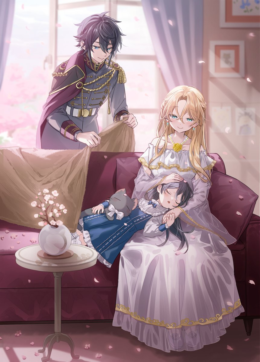 1boy, 2girls, backlighting, black_hair, blanket, blonde_hair, blush, brown_hair