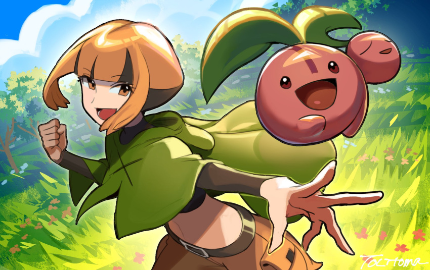 1girl, :d, =_(9_yawbus), artist_name, belt, belt_buckle, black_belt, black_hair, black_shirt, blunt_bangs, brown_shorts, buckle, cherubi, clouds, cloudy_sky, cropped_shirt, eyelashes, gardenia_(pokemon), grass, green_poncho, highres, long_sleeves, looking_at_viewer, lower_teeth_only, midriff, multicolored_hair, navel, open_mouth, orange_eyes, orange_hair, outdoors, pokemon, pokemon_(creature), pokemon_dppt, poncho, shirt, short_hair, shorts, sky, smile, teeth, tree, two-tone_hair