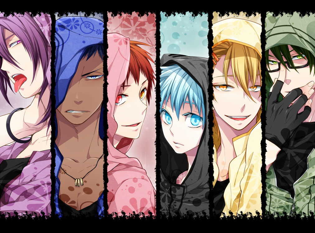 2000s_(style), 6+boys, adjusting_eyewear, akashi_seijuurou, aomine_daiki, artn-k0211, black_bracelet, black_gloves, black_hoodie, black_shirt, blue_eyes, blue_hoodie, dark-skinned_male, dark_skin, fingerless_gloves, floral_background, gloves, green_eyes, green_hoodie, heterochromia, hood, hood_up, hoodie, jewelry, kise_ryouta, kuroko_no_basuke, kuroko_tetsuya, male_focus, midorima_shintarou, multiple_boys, murasakibara_atsushi, necklace, open_mouth, orange_eyes, purple_hair, red_eyes, red_hoodie, redhead, saliva, shirt, smile, split_screen, teeth, tongue, tongue_out, v-shaped_eyebrows, violet_eyes, yellow_eyes, yellow_hoodie