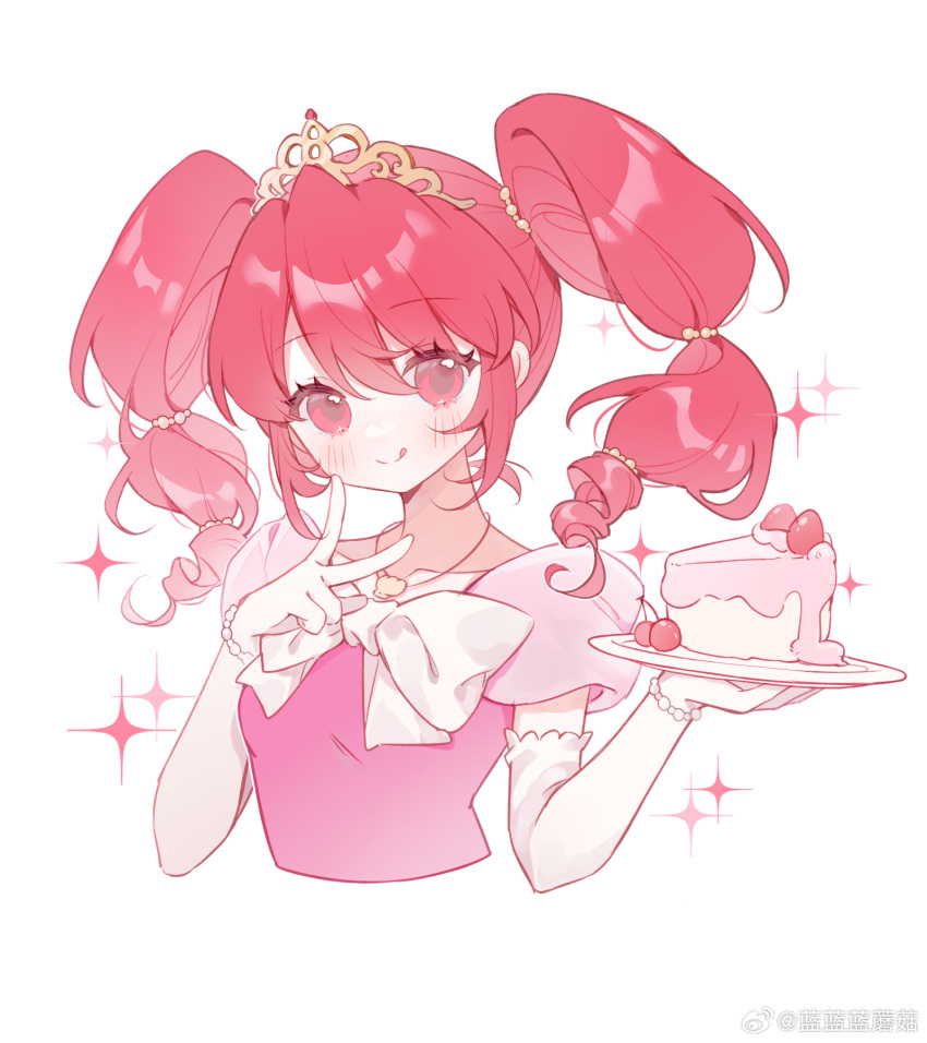 1girl, :q, asymmetrical_gloves, beads, bow, bowtie, cake, cake_slice